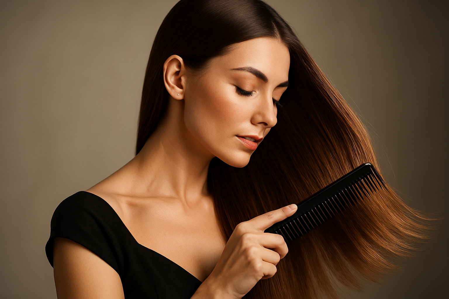 por favor actúa como gran fotógrafo de una mujer de cabello liso que se peina con una peinilla negra